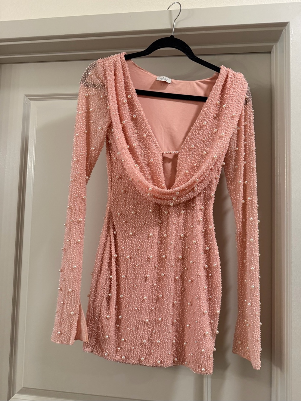Oh Polly Blush Pink Long Sleeve Beaded Cowl Neck Dress